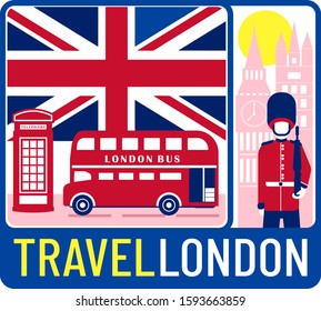 Guard of queen and london bus. Travel to London poster design 