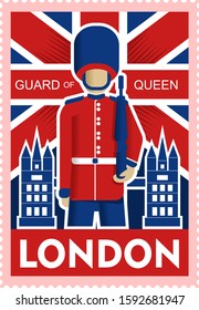 Guardia de la reina. Viaje a Londres diseño de afiches, sello postal, pegatina, banner.