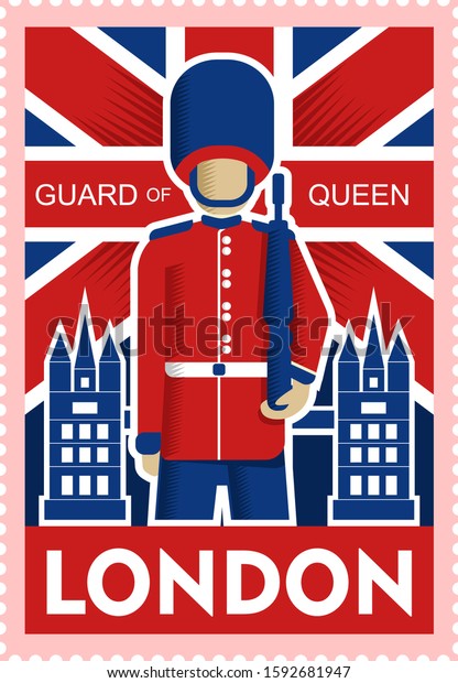 Guard of queen. Travel to London poster design,\
postage stamp, sticker,\
banner.