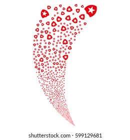 Guard random fireworks stream. Vector illustration style is flat red iconic symbols on a white background. Object fountain created from scattered pictograms.