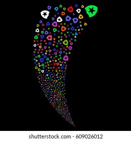 Guard random fireworks stream. Vector illustration style is flat bright multicolored iconic symbols on a black background. Object fountain organized from scattered icons.