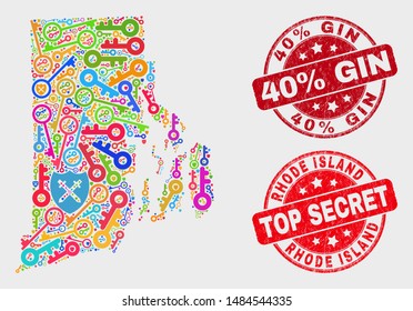 Guard Rhode Island State map and seal stamps. Red rounded Top Secret and 40% Gin distress seal stamps. Colored Rhode Island State map mosaic of different keeper icons.