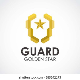 Guard ribbon of gold shield abstract vector and logo design or template star protection business icon of company identity symbol concept