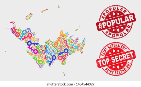 Guard Saint Barthelemy map and seals. Red rounded Top Secret and #Popular scratched seals. Colored Saint Barthelemy map mosaic of different key symbols. Vector collage for safety purposes.