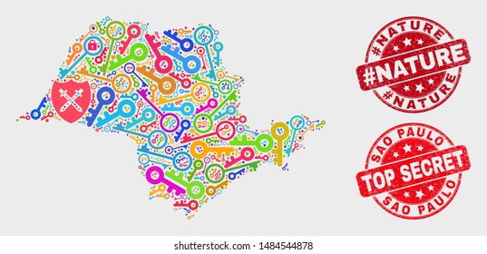 Guard Sao Paulo State map and stamps. Red rounded Top Secret and #Nature distress seal stamps. Colorful Sao Paulo State map mosaic of different key items. Vector composition for guard purposes.