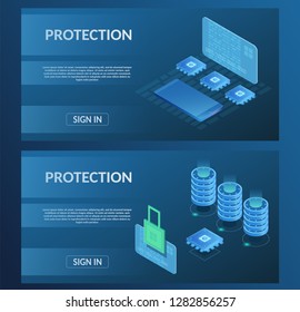 Guard Secure horizontal banner virtual banking messenger protect storage internet technology concept vector illustration