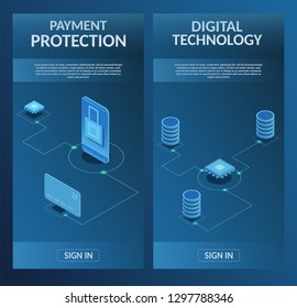 Guard Secure vertical banner virtual banking messenger protect storage internet technology concept vector illustration