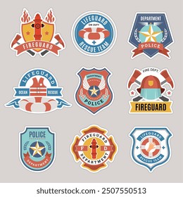 Servicio de guardia. Insignias de la vida y agentes de las fuerzas de seguridad de la policía o de la guardia de bomberos emblemas recientes del Vector con lugar para el texto