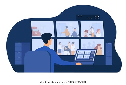 Guard service man sitting at control panel, watching surveillance camera videos on monitors in CCTV control room. Vector illustration for security system worker, spying, supervision concept