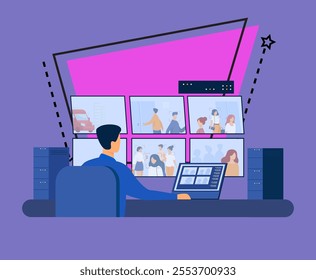Guard service man sitting at control panel, watching surveillance camera videos on monitors in CCTV control room. Vector illustration for security system worker, spying, supervision concept