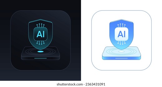 Guard shield with AI icon. Secure artificial intelligence for digital data, guard system technology. AI platform for data rights protection, network cyber security. Futuristic vector illustration set