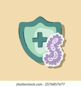 Guard shield attacked by virus, germs and bacteria. Immune system and virus protection concept. Immunity hygienic medical prevention