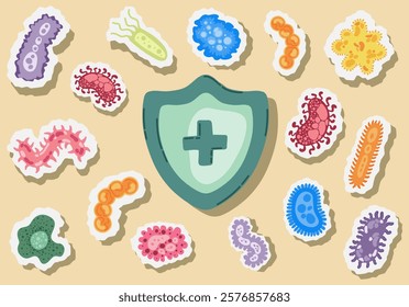 Guard shield attacked by virus, germs and bacteria. Immune system and virus protection concept. Immunity hygienic medical prevention