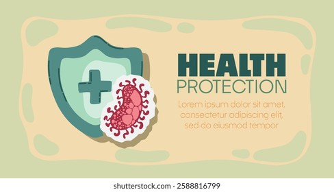 Guard shield attacked by virus, germs and bacteria. Immune system and virus protection concept with Health Protection text. Immunity hygienic medical prevention