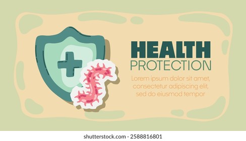 Guard shield attacked by virus, germs and bacteria. Immune system and virus protection concept with Health Protection text. Immunity hygienic medical prevention