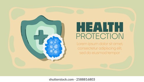 Guard shield attacked by virus, germs and bacteria. Immune system and virus protection concept with Health Protection text. Immunity hygienic medical prevention