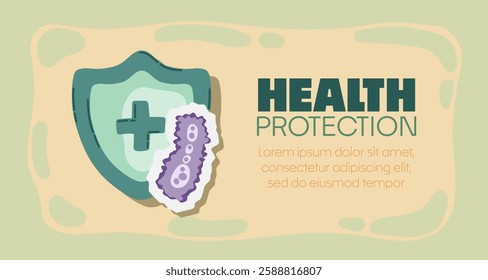 Guard shield attacked by virus, germs and bacteria. Immune system and virus protection concept with Health Protection text. Immunity hygienic medical prevention