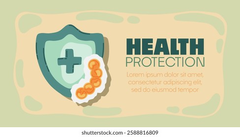 Guard shield attacked by virus, germs and bacteria. Immune system and virus protection concept with Health Protection text. Immunity hygienic medical prevention