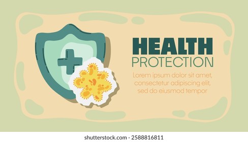 Guard shield attacked by virus, germs and bacteria. Immune system and virus protection concept with Health Protection text. Immunity hygienic medical prevention