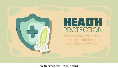 Guard shield attacked by virus, germs and bacteria. Immune system and virus protection concept with Health Protection text. Immunity hygienic medical prevention