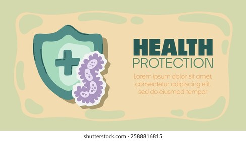 Guard shield attacked by virus, germs and bacteria. Immune system and virus protection concept with Health Protection text. Immunity hygienic medical prevention