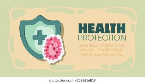 Guard shield attacked by virus, germs and bacteria. Immune system and virus protection concept with Health Protection text. Immunity hygienic medical prevention