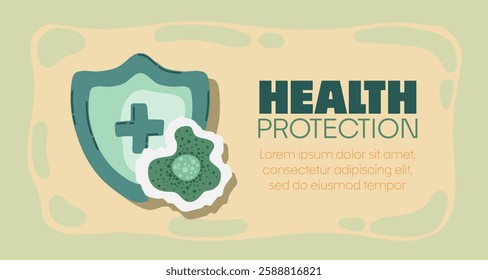 Guard shield attacked by virus, germs and bacteria. Immune system and virus protection concept with Health Protection text. Immunity hygienic medical prevention