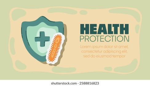 Guard shield attacked by virus, germs and bacteria. Immune system and virus protection concept with Health Protection text. Immunity hygienic medical prevention