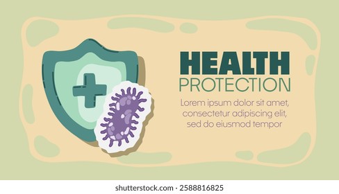 Guard shield attacked by virus, germs and bacteria. Immune system and virus protection concept with Health Protection text. Immunity hygienic medical prevention