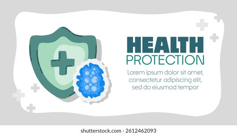 Guard shield attacked by virus, germs and bacteria. Immune system and virus protection concept with Health Protection text. Immunity hygienic medical prevention
