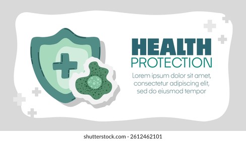 Guard shield attacked by virus, germs and bacteria. Immune system and virus protection concept with Health Protection text. Immunity hygienic medical prevention