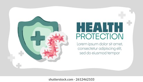 Guard shield attacked by virus, germs and bacteria. Immune system and virus protection concept with Health Protection text. Immunity hygienic medical prevention
