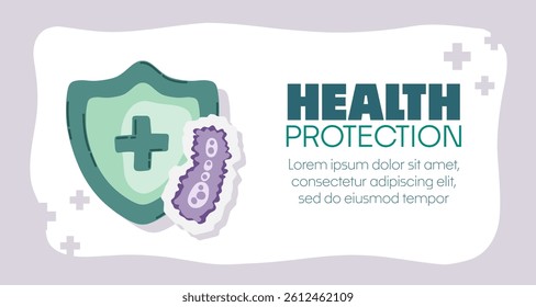Guard shield attacked by virus, germs and bacteria. Immune system and virus protection concept with Health Protection text. Immunity hygienic medical prevention