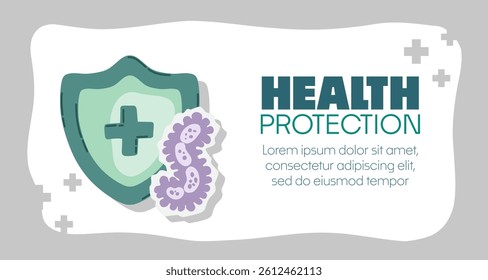 Guard shield attacked by virus, germs and bacteria. Immune system and virus protection concept with Health Protection text. Immunity hygienic medical prevention