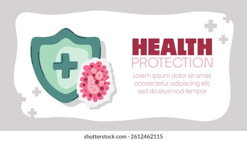 Guard shield attacked by virus, germs and bacteria. Immune system and virus protection concept with Health Protection text. Immunity hygienic medical prevention