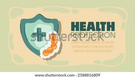 Guard shield attacked by virus, germs and bacteria. Immune system and virus protection concept with Health Protection text. Immunity hygienic medical prevention