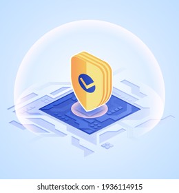 Guard Shield With Checkmark On Microchip Or Circuit In Isometric Design. Defence From Hacking, Personal Data Breach Threat. Vector Illustration Of Web Security Technology, Digital Protection Concept