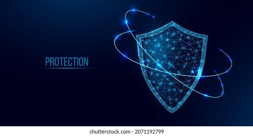 Guard shield. Cyber security concept with glowing low poly shield on dark blue background. Wireframe low poly design. Abstract futuristic vector illustration.  