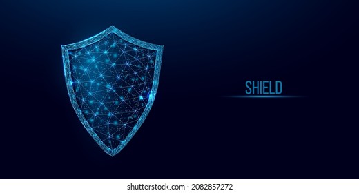 Guard shield. Cyber security concept with glowing low poly shield on dark blue background. Wireframe low poly design. Abstract futuristic vector illustration.  