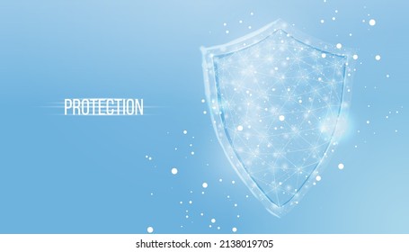 Guard shield. Cyber security concept with glowing low poly shield on blue background. Wireframe low poly design. Abstract futuristic vector illustration.