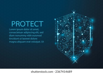 Guard shield. Cyber security concept with glowing low poly shield on blue background. Wireframe low poly design. Abstract futuristic vector illustration	
