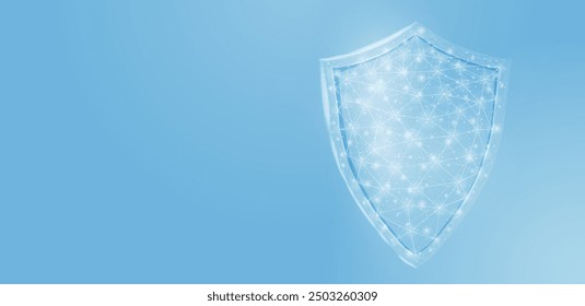 Guard shield. Cyber security concept with glowing low poly shield on blue background. Wireframe low poly design. Abstract futuristic vector illustration.