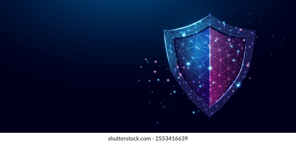 Guard shield. Cyber security concept with glowing low poly shield on dark blue background. Wireframe low poly design. Abstract futuristic vector illustration.  