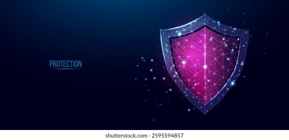 Guard shield. Cyber security concept with glowing low poly shield on dark blue background. Wireframe low poly design. Abstract futuristic vector illustration.  