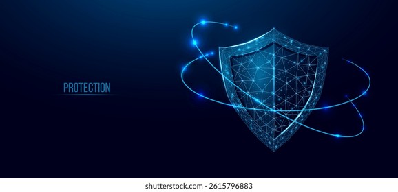Guard shield. Cyber security concept with glowing low poly shield on dark blue background. Wireframe low poly design. Abstract futuristic vector illustration.  