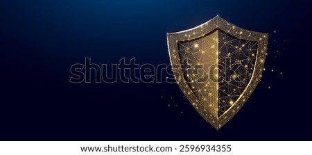 Guard shield. Cyber security concept with glowing low poly shield on dark blue background. Wireframe low poly design. Abstract futuristic vector illustration.  