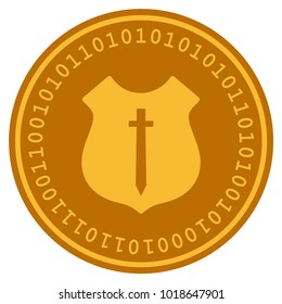 Guard Shield golden digital coin icon. Vector style is a gold yellow flat coin cryptocurrency symbol.