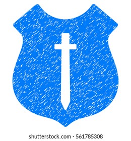 Guard Shield grainy textured icon for overlay watermark stamps. Flat symbol with unclean texture. Dotted vector blue ink rubber seal stamp with grunge design on a white background.