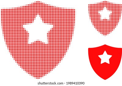 Guard shield halftone dotted icon. Halftone array contains circle pixels. Vector illustration of guard shield icon on a white background.