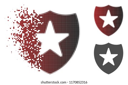 Guard shield icon in sparkle, dotted halftone and undamaged whole versions. Pixels are grouped into vector dissipated guard shield icon.